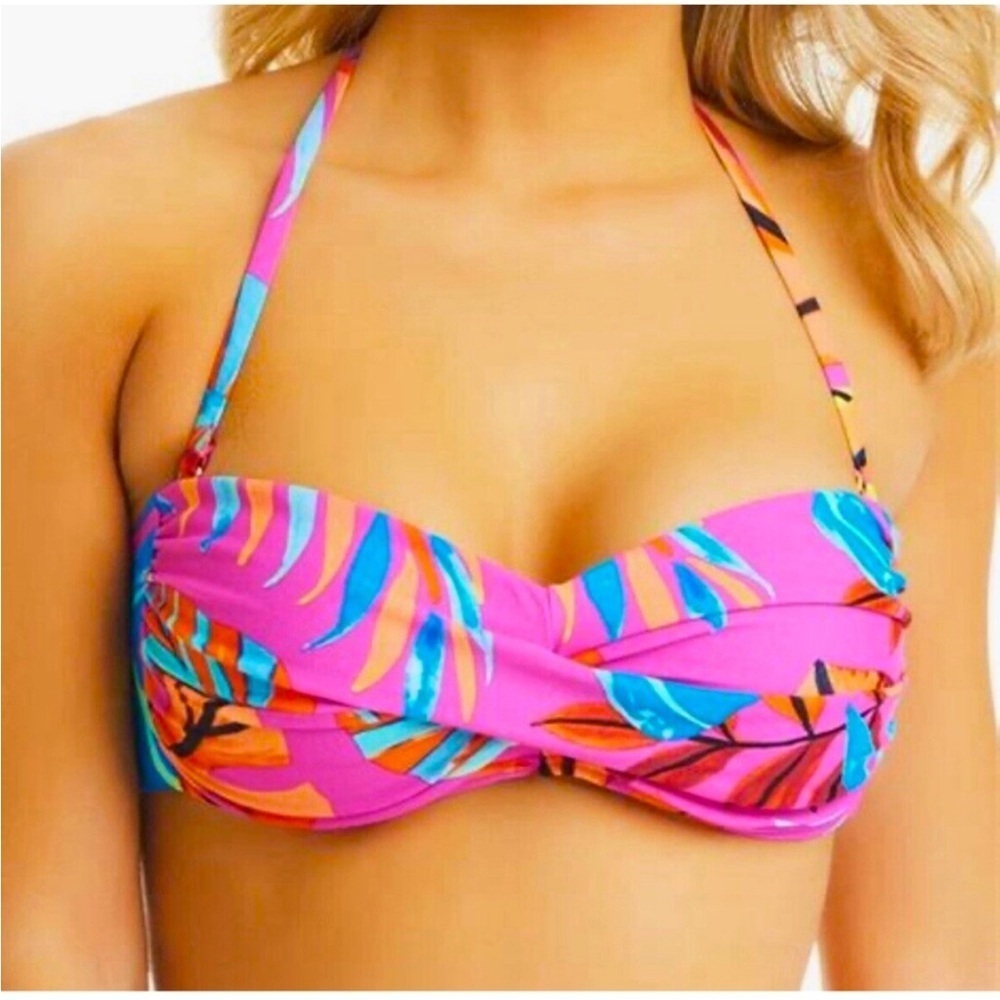 Bar III Paradise Palms Twist Bandeau Bikini Top Magic Magenta  Floral S/M